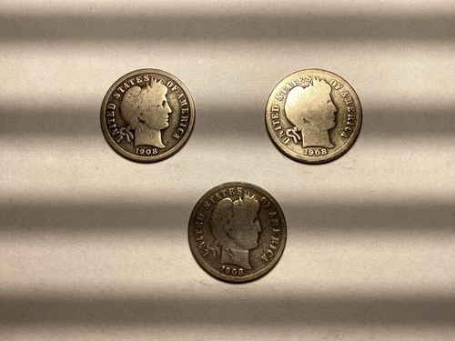 BARBER DIME SEMI KEYS - SET BREAK - 1908d, 1908o, 1908s - start at melt