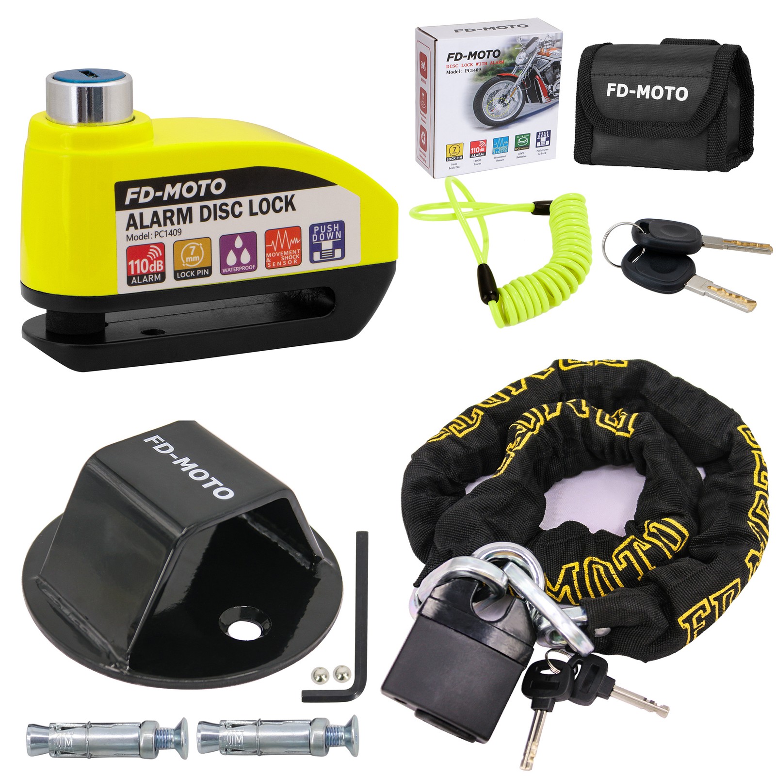 FD-MOTO Motorcycle Ground/Wall Anchor & 1.2M*10mm Chain Pad Lock & Alarm Lock