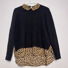 Charter Club Women's 100% Cashmere Leopard Print Trimmed Sweater Sz M Black