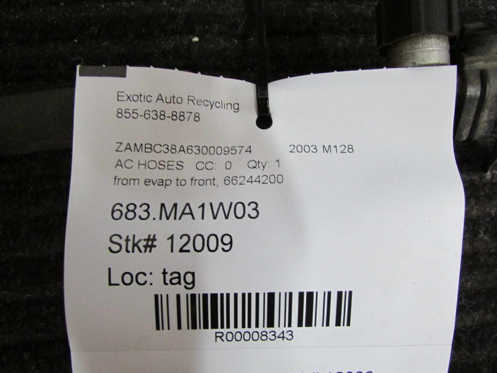 Maserati Coupe, Spyder, A/C Hose, Evaporator to Front, Used, P/N 66244200