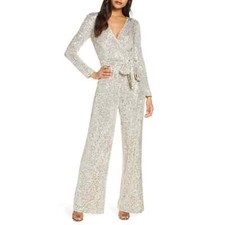 Eliza J Silver Sequined Wrap Front Long Sleeve Party Jumpsuit Size 2