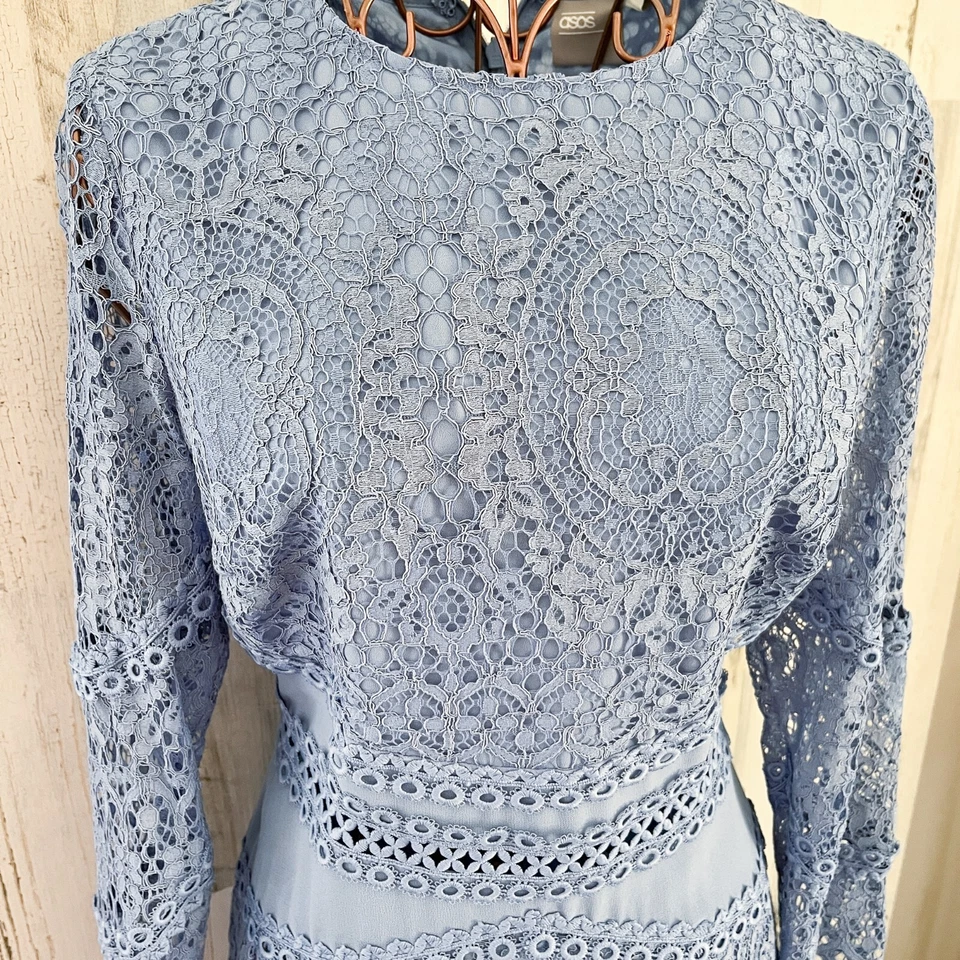 Vestido de fiesta azul de encaje midi 6 boho cottagecore caprichoso romántico invitado de boda Foto 2 de 4