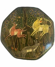 Vtg Kashmir India 8 Sided Hand painted Trinket Box Wild Animals Lacquered  3”