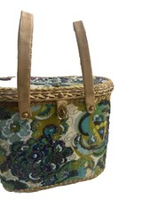 Vintage Midas of Miami Wicker Purse Basket Gold Blue Beaded Detail Circa 1960  s