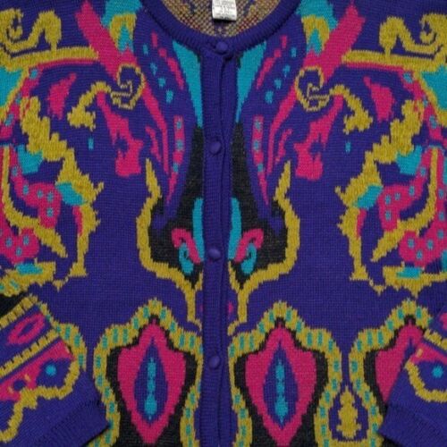 Vintage 90s Lambswool Colorful Paisley Print Cardigan Sweater Size L - Picture 3 of 6