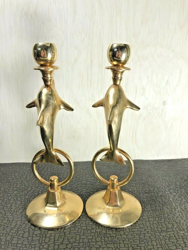 Set of 2 Solid Brass Dolphin Candle Holders * - Picture 4 of 8