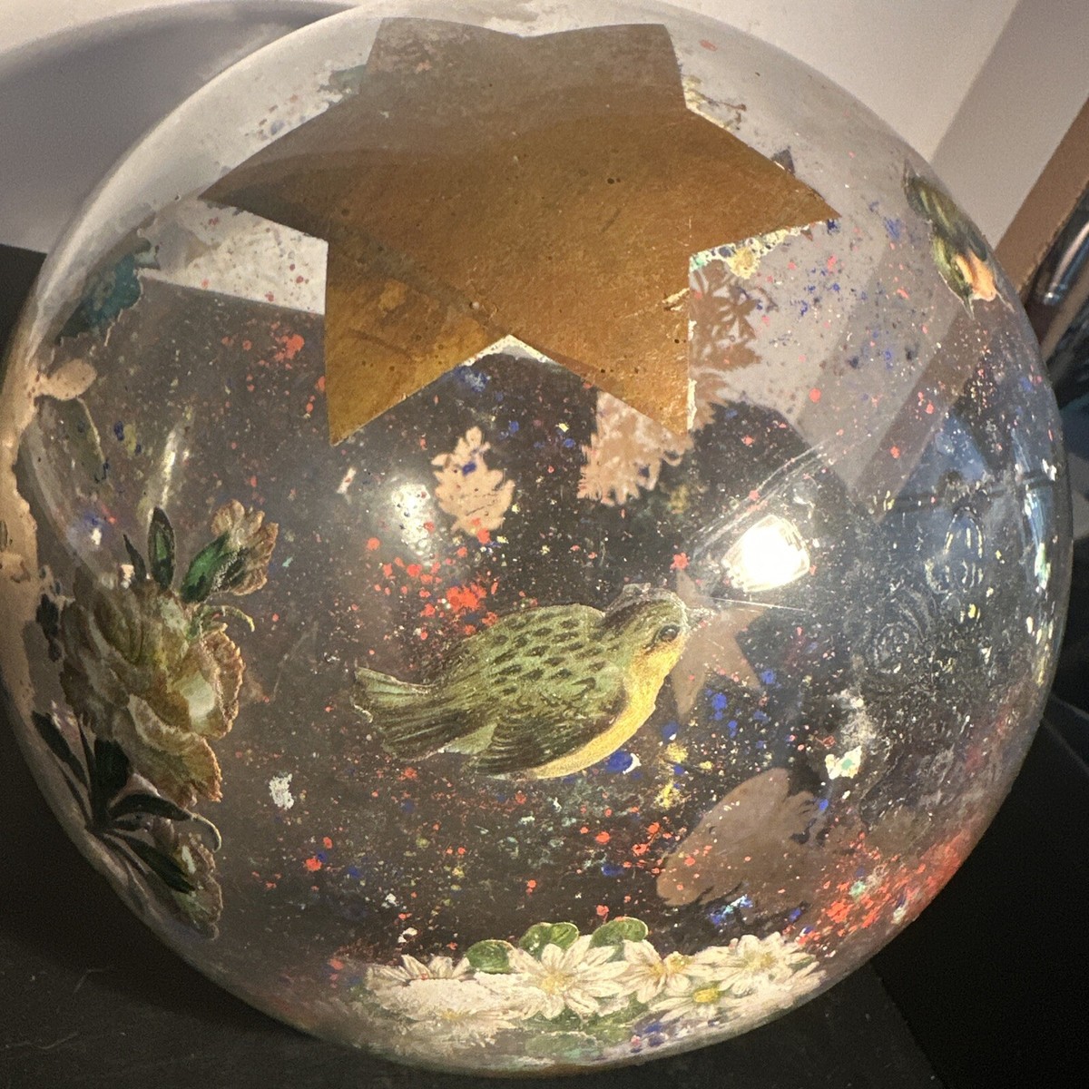Antique Clear Potichomania or Decalcomania Gazing Blown Glass Ball