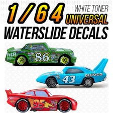 1/64 Scale CARS MOVIE - MCQUEEN KING CHICK HICKS White Toner WaterSlide Decals