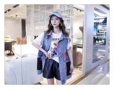 Streetwear Oversized One Size Dark-Wash Denim Vest with Colorful Patches Text