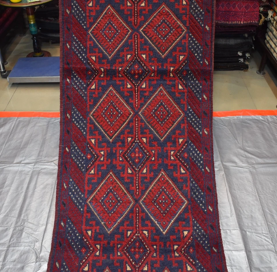 Vintage Afghan Persian Mushvani Runner Rug 3x12 ft Red Blue Oriental Wool Carpet - Image 2 of 4