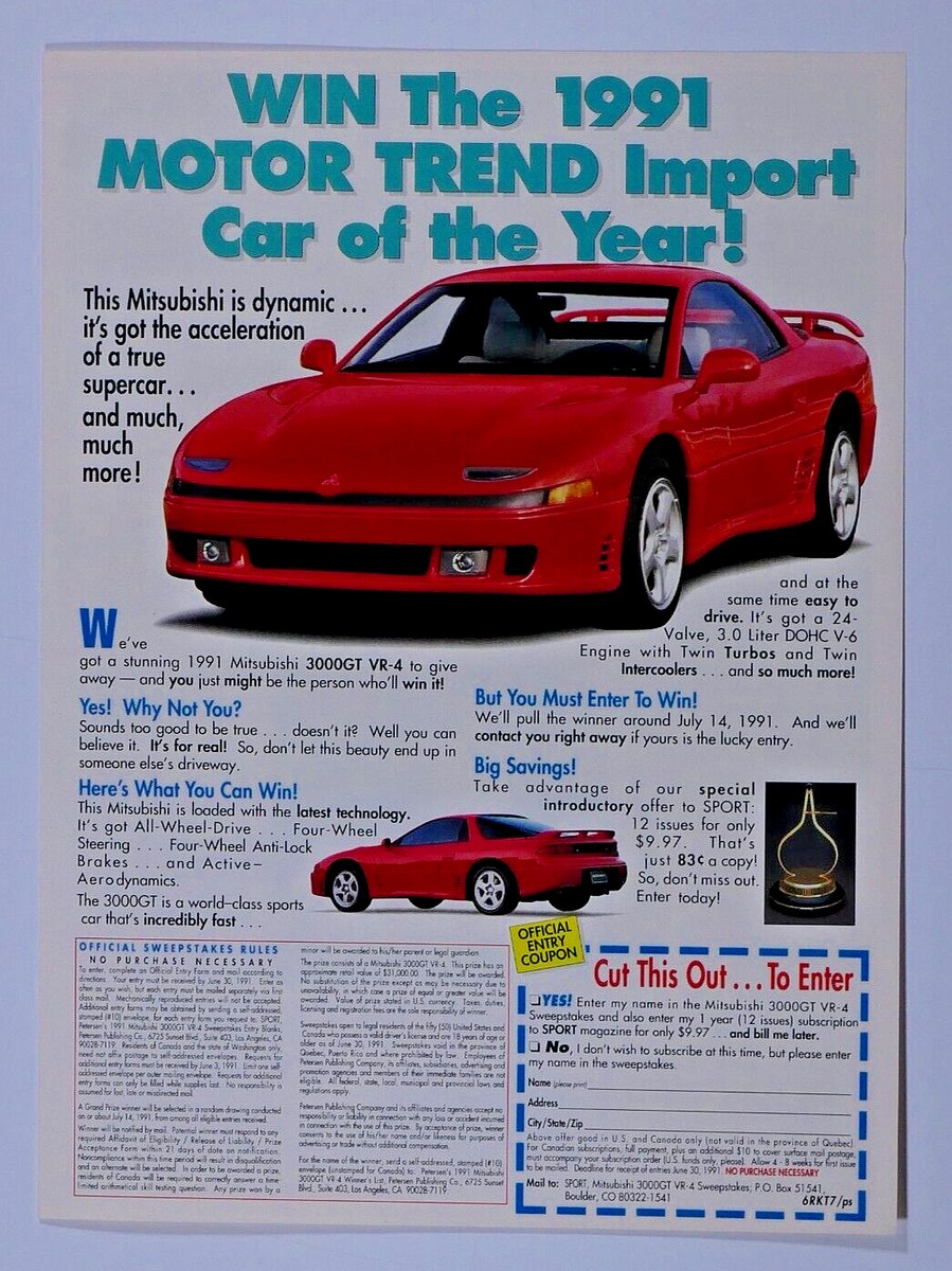 1991 Mitsubishi 3000 GT VR 4 Green Font Vintage Original Print Ad