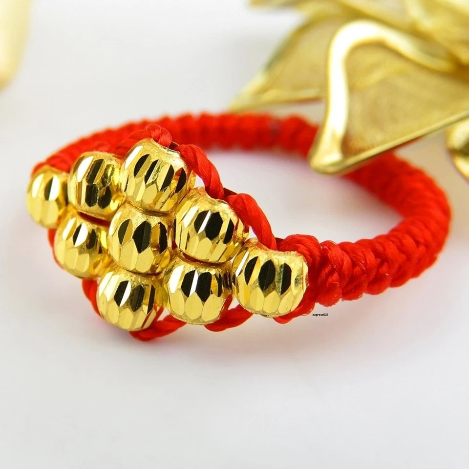 Pure 999 24K Yellow Gold Band Men Women Lucky Laser Bead Red Cord Braided Ring - Image 3 of 4