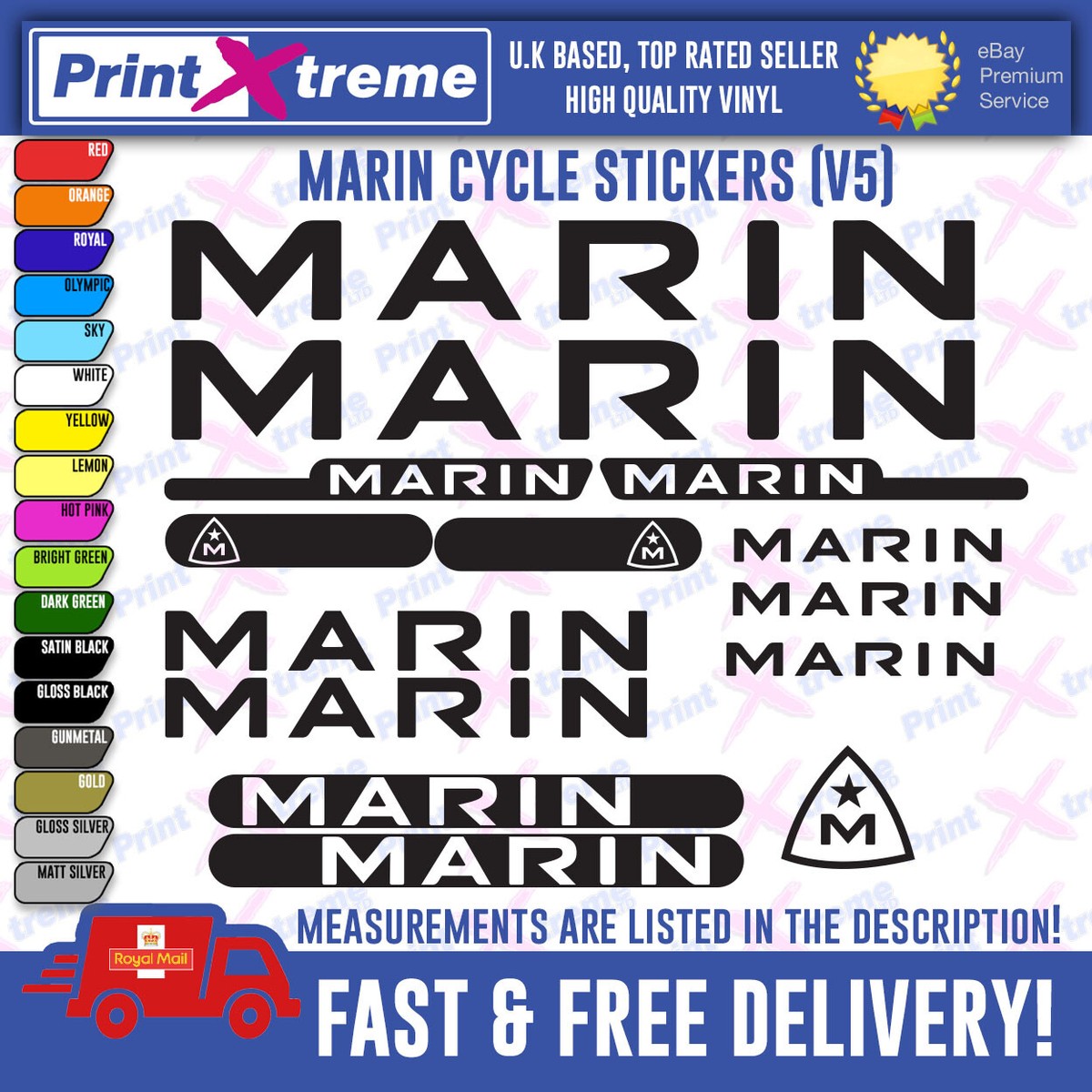 27x Adesivi In Vinile Decalcomania Logo MARIN Per Telaio Bici – MTB, Ciclismo, MX – Multicolore