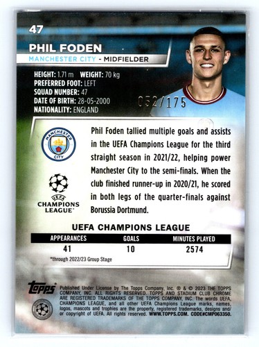 2022-23 TOPPS Stadium Club Chrome 47 Phil Foden Manchester City /175 - Picture 2 of 2