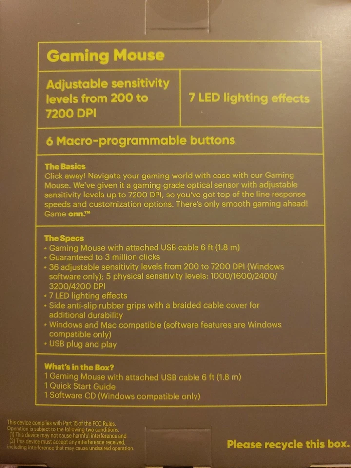 Onn Gaming Mouse w/ Attached USB Power Cable LED lighting DPI Adjustable - Image 2 of 3