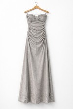 Adrianna Papell Hailey Strapless Silver Metallic Ruched Gown Rhinestone Sz 14