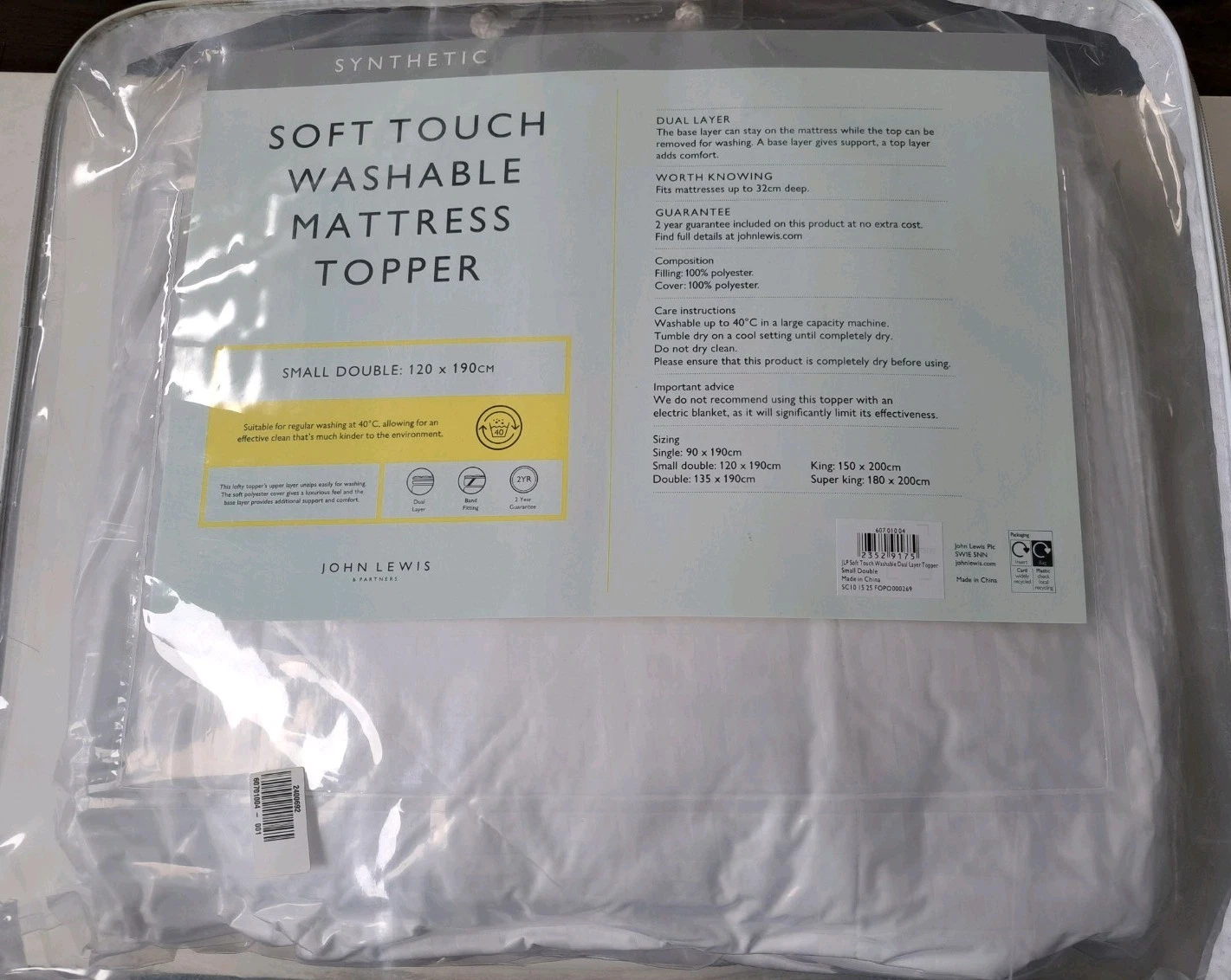 johnLewisSyntheticSoft Touch Dual Layer 6cm Deep Mattress Topper, Small double