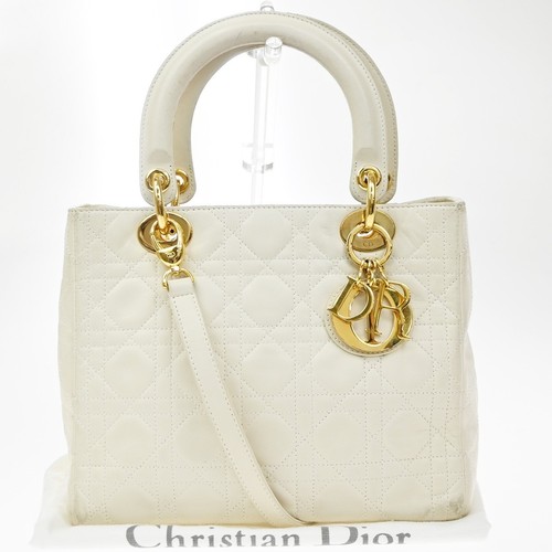 Christian Dior Lady Dior Cannage Quilt Leather White Handbag