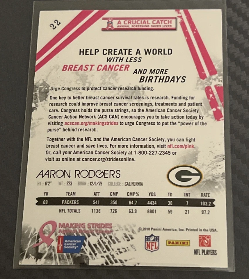 2010 Score A Crucial Catch Breast Cancer SGA #22 Aaron Rodgers Green Bay Packers - Image 2 of 2