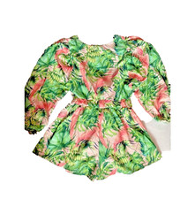 Women Romper Shorts Sz L Long Sleeve Tropical Print Green Pink Open Back Dressy