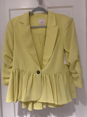 cinq à sept Yellow Peplum Blazer Ruched Sleeves Single Button Women's Size 4