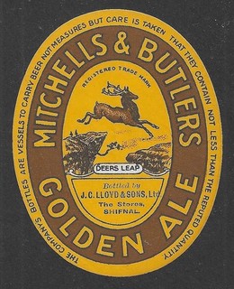 VINTAGE MITCHELLS & BUTLERS BEER BOTTLE LABEL J. C. LLOYD SHIFNAL. 8.2CM TALL.