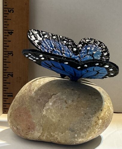 Ulysses Blue Butterfly On Rock Garden Sculpture Metal Statue Figurine Yard Decor - Picture 1 of 5