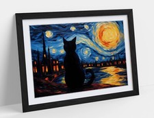 VAN GOGH STERNENKLARE NACHT MIT SCHWARZER KATZE - GERAHMTES KUNST POSTER PAPIERDRUCK