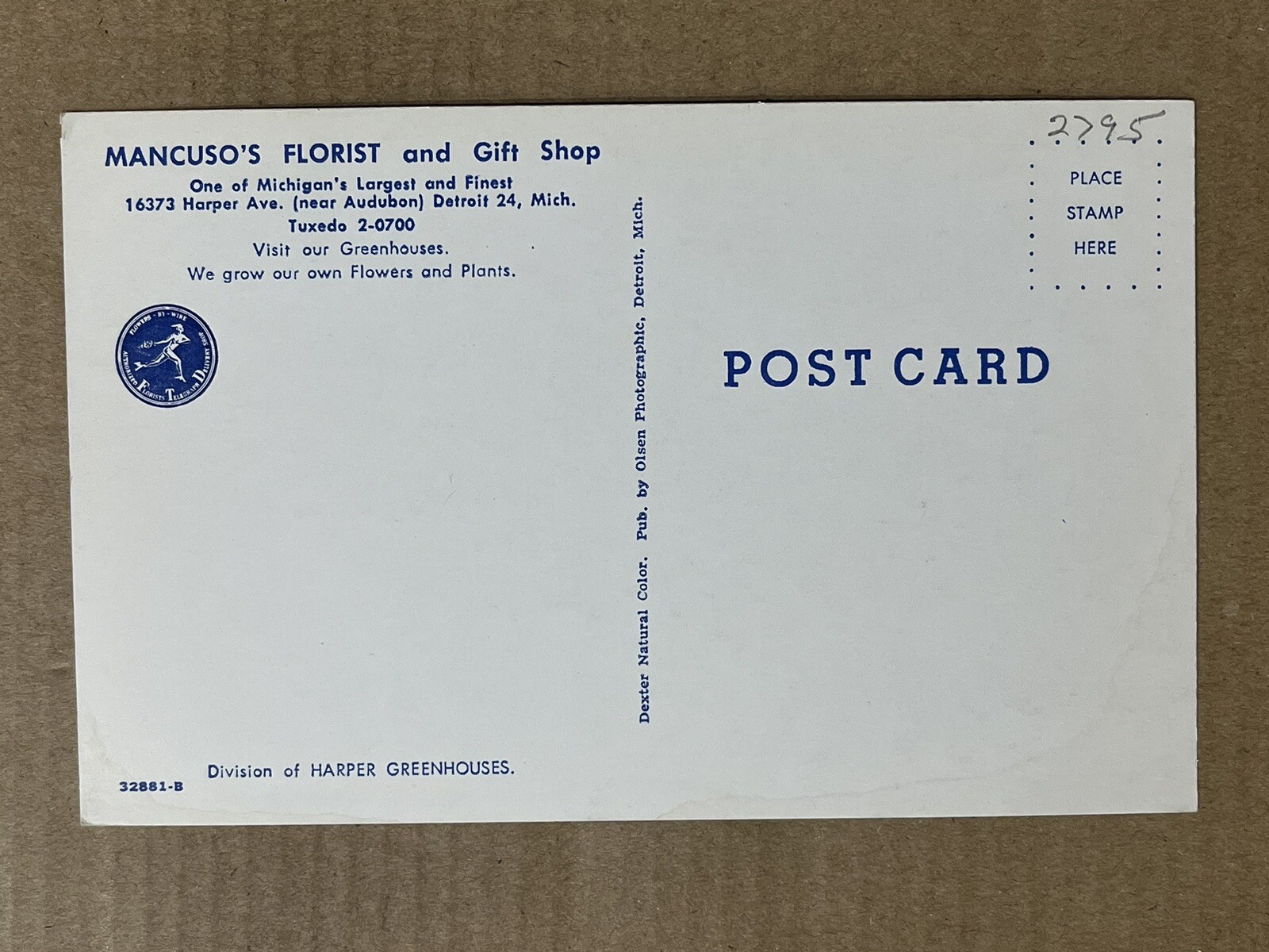 Postcard Detroit Michigan Mancuso’s Florist Gift Shop Vintage MI