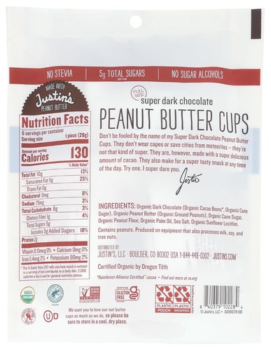Justins Peanut Butter Cup Super Dark Chocolate 4.2 oz Pack Of 1 - Picture 2 of 2