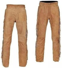 Native American Beige Buckskin Suede Leather Fringe Pants, Mountain Man Outfit