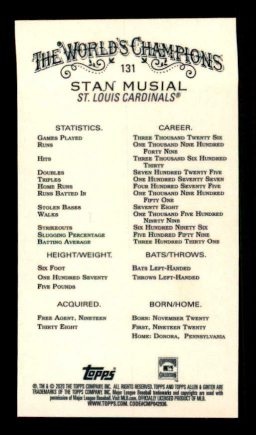 2020 Topps Allen and Ginter Chrome Mini #131 Stan Musial - Image 2 of 2