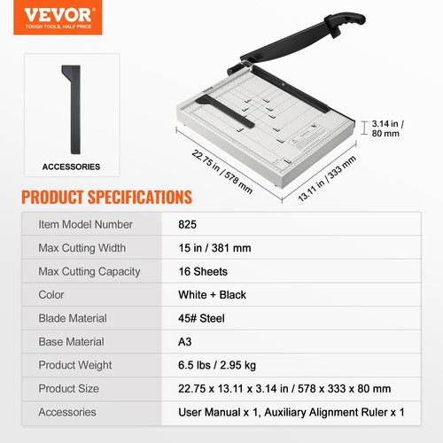 VEVOR Massicot A3 Coupe Papier 16 Feuilles Guillotine de Papier Largeur 38,1 cm - Picture 7 of 12