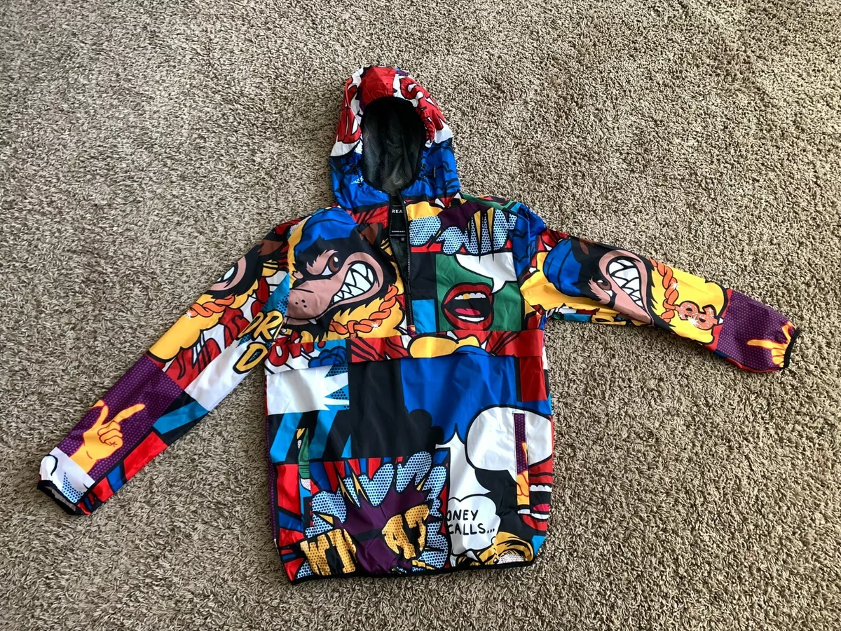 Reason Brand Comic Strip Windbreaker Jacket Hoodie Men's Medium 1/4 Zip NWT