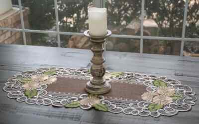 Embroidered Gold Daisy on Brown Table Runner (16''x35'')