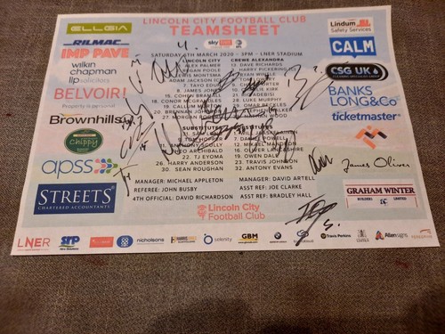 14 Signed On A Lincoln City V Crewe Alex Football Teamsheet 2019/20