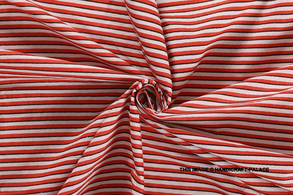 3 Yard Indian Hand Block Stripe Print Cotton Natural Sanganeri Print Fabric Red - Image 3 of 4