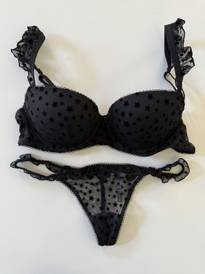 Victoria's Secret PINK Wink Push Up Bra & Thong Panty Set Black Stars