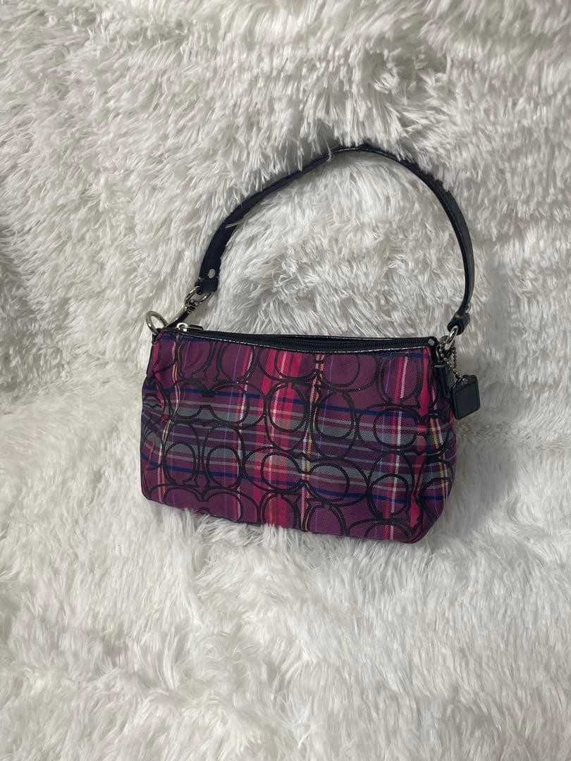COACH Signature Women's Hand Shoulder Bag Purple Tote check pattern Purse Used thumbnail 3