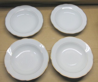 FOUR  Vintage Kahla Scalloped Edge Gold Trim Soup Bowls 9-1/4''