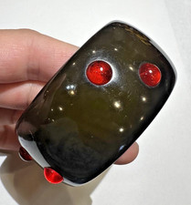 Vintage Bakélite Plastique Rouge Noir Verdâtre à Pois Large 55.4g Bracelet