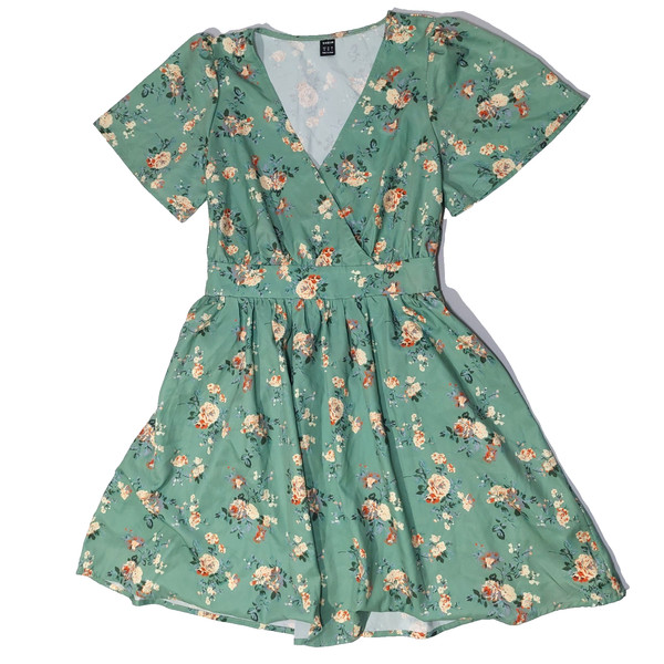 SHEIN VCAY Green Floral Dress Womens V-Neck Short Sleeve Summer Mini Wrap Skater
