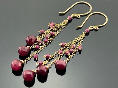 Long Ruby Cascade Earrings   14K Gold Filled or 925 Sterling Silver   Red
