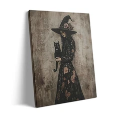 Cute Ghost Halloween Wall Art Framed, Spooky Witch Painting Rustic Vintage Print