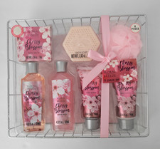 Cherry Blossom 8 pc bath body gift set by Freida Joe in a metal basket New