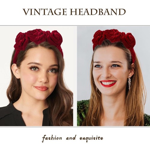 Red Velvet Headband Rose Flower Hairband Turban Wide Head Bands Vintage - Picture 6 of 8
