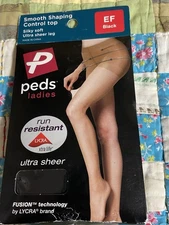 1 Pair Peds Ladies Smooth Shaping Control Top Pantyhose Sheer Leg Size EF Black