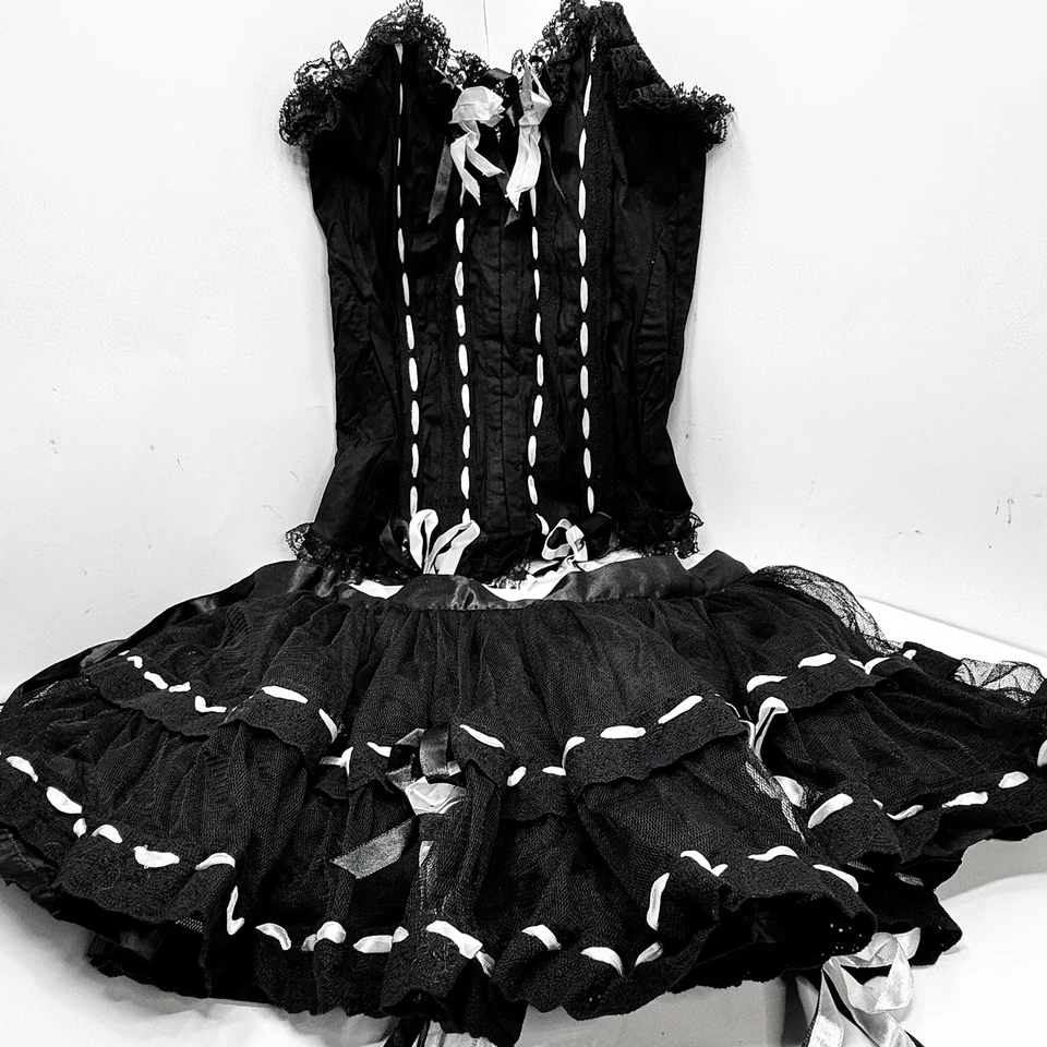 VTG Y2K 2 Piece Corset & Skirt Set Black & White Gothic Lolita Lace Bows sz S/M - Image 2 of 4