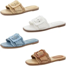 Women's Raffia Flat Sandals Square Open Toe Slip On Woven Buckle Slide Sandals
