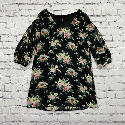 Lulus Slit Sleeve Shift Dress Women s M? Black Floral V-Neck Witchy Cottagecore
